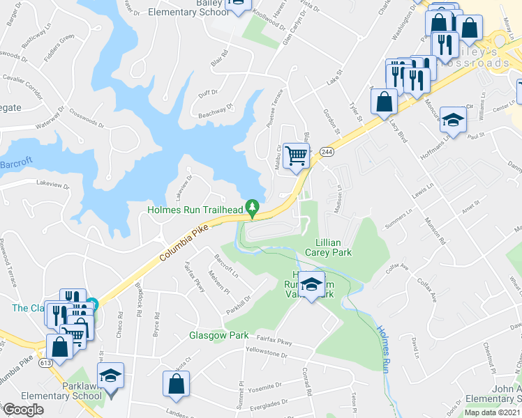 map of restaurants, bars, coffee shops, grocery stores, and more near 3650 Boat Dock Drive in Falls Church