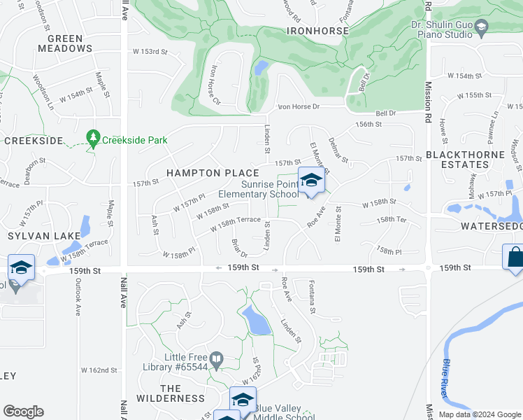 map of restaurants, bars, coffee shops, grocery stores, and more near 15808 Linden Street in Overland Park