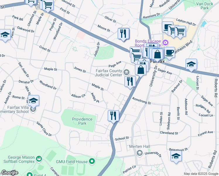 map of restaurants, bars, coffee shops, grocery stores, and more near 4133 Leonard Drive in Fairfax