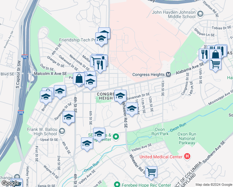 map of restaurants, bars, coffee shops, grocery stores, and more near 3214 8th Street Southeast in Washington