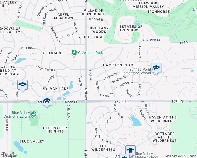 map of restaurants, bars, coffee shops, grocery stores, and more near 15729 Ash Street in Overland Park
