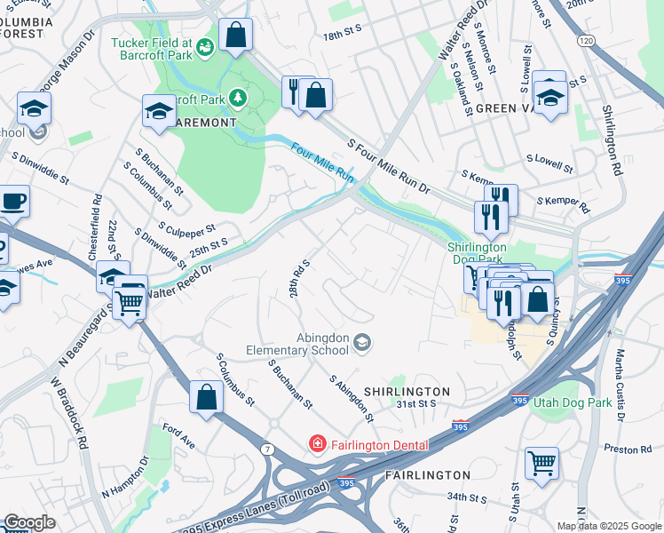 map of restaurants, bars, coffee shops, grocery stores, and more near 2842 South Wakefield Street in Arlington