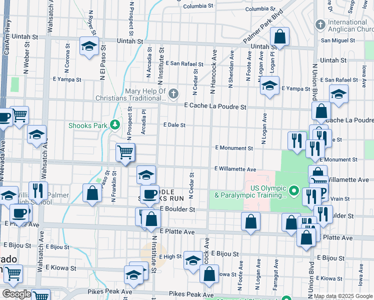 map of restaurants, bars, coffee shops, grocery stores, and more near 1019 East Monument Street in Colorado Springs