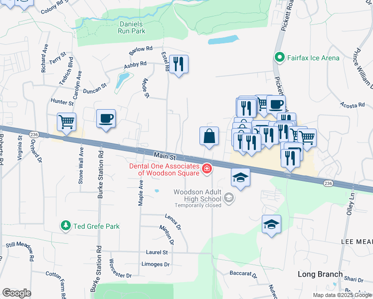 map of restaurants, bars, coffee shops, grocery stores, and more near 3991 Lyndhurst Drive in Fairfax
