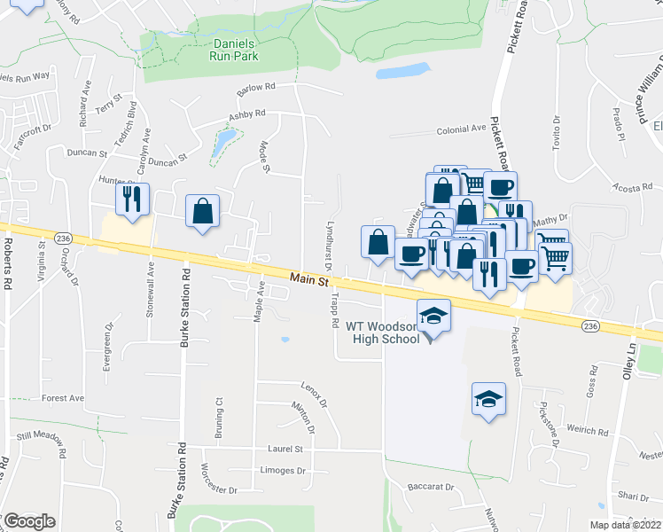 map of restaurants, bars, coffee shops, grocery stores, and more near 3961 Lyndhurst Drive in Fairfax