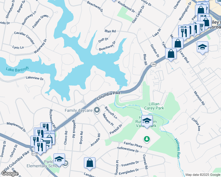map of restaurants, bars, coffee shops, grocery stores, and more near 6203 Lakeview Drive in Falls Church