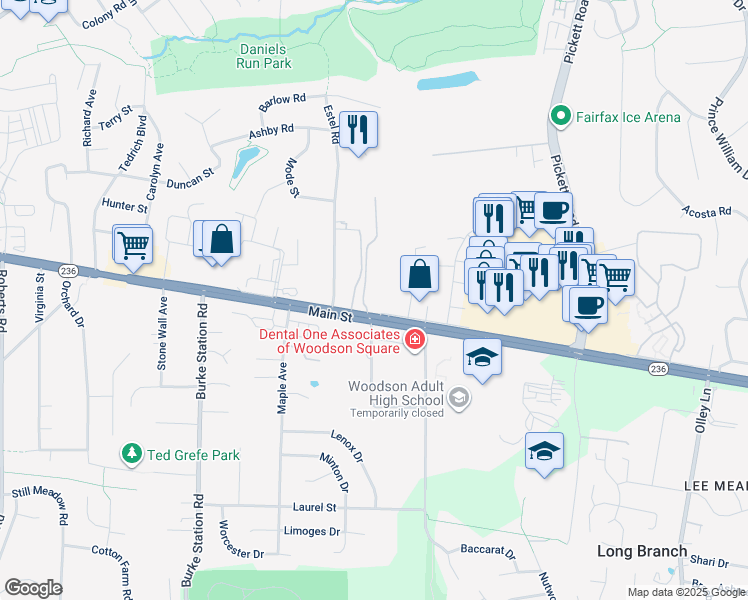 map of restaurants, bars, coffee shops, grocery stores, and more near 3991 Lyndhurst Drive in Fairfax