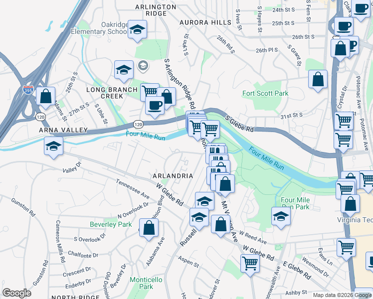 map of restaurants, bars, coffee shops, grocery stores, and more near 525 Four Mile Road in Alexandria