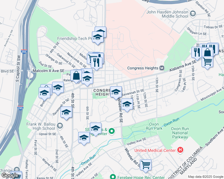 map of restaurants, bars, coffee shops, grocery stores, and more near 3210 8th Street Southeast in Washington