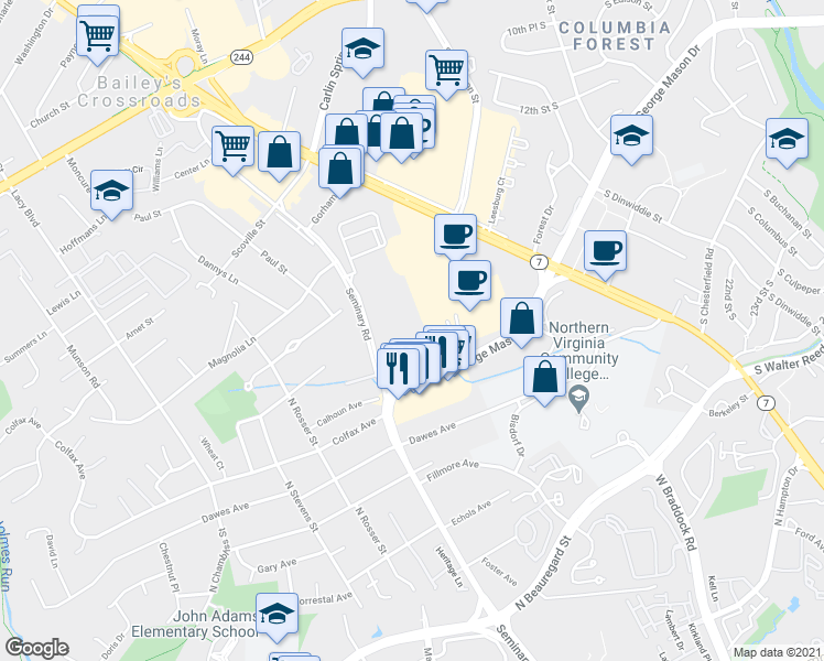map of restaurants, bars, coffee shops, grocery stores, and more near 5505 Seminary Road in Falls Church