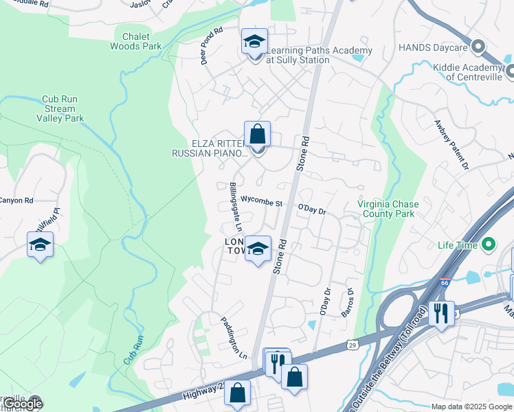 map of restaurants, bars, coffee shops, grocery stores, and more near 14727 Wycombe Street in Centreville