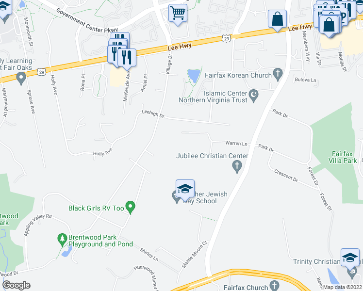map of restaurants, bars, coffee shops, grocery stores, and more near 11601 Warren Lane in Fairfax