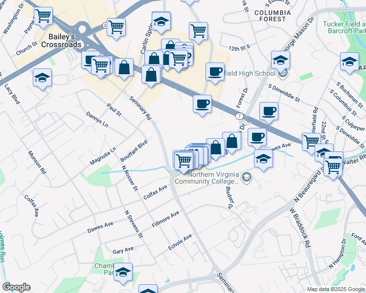 map of restaurants, bars, coffee shops, grocery stores, and more near 5505 Seminary Road in Falls Church