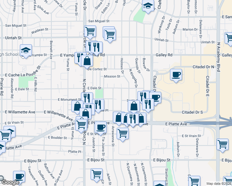 map of restaurants, bars, coffee shops, grocery stores, and more near 704 Arrawanna Street in Colorado Springs