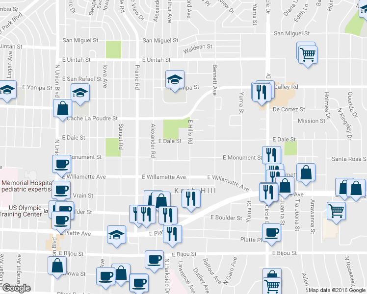 map of restaurants, bars, coffee shops, grocery stores, and more near 705 East Hills Road in Colorado Springs