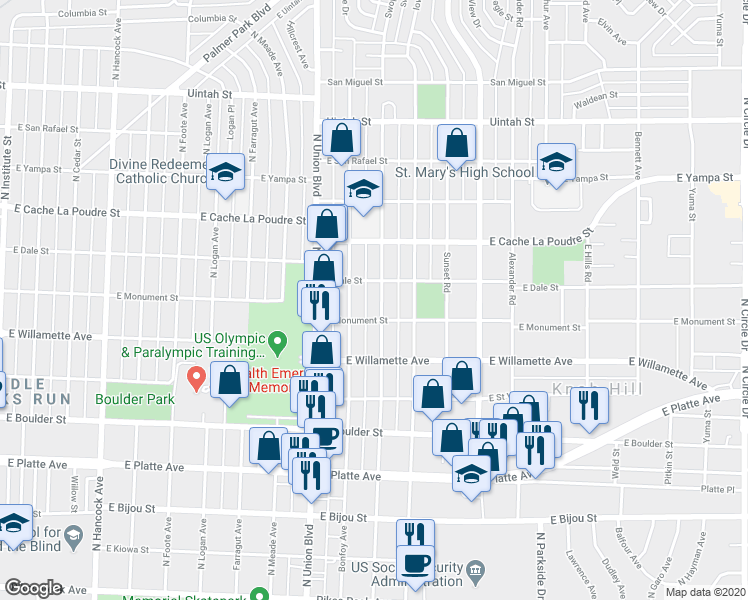 map of restaurants, bars, coffee shops, grocery stores, and more near 1928 East Monument Street in Colorado Springs