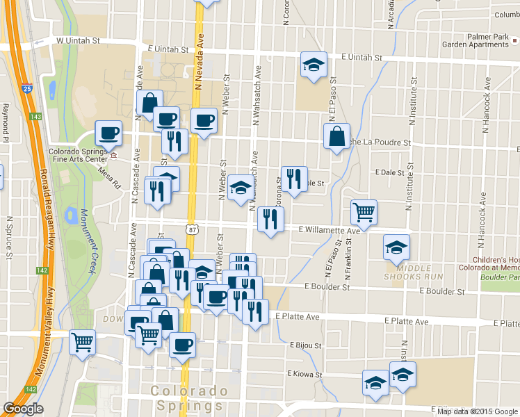 map of restaurants, bars, coffee shops, grocery stores, and more near 412 East Willamette Avenue in Colorado Springs