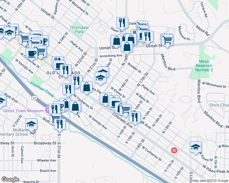 map of restaurants, bars, coffee shops, grocery stores, and more near 12 North 18th Street in Colorado Springs