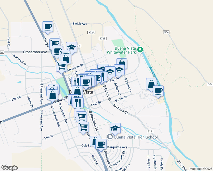 map of restaurants, bars, coffee shops, grocery stores, and more near 418 Cedar Street in Buena Vista