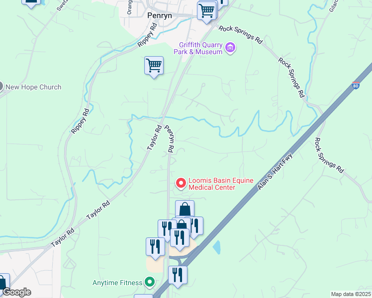 map of restaurants, bars, coffee shops, grocery stores, and more near 2763 Penryn Road in Penryn