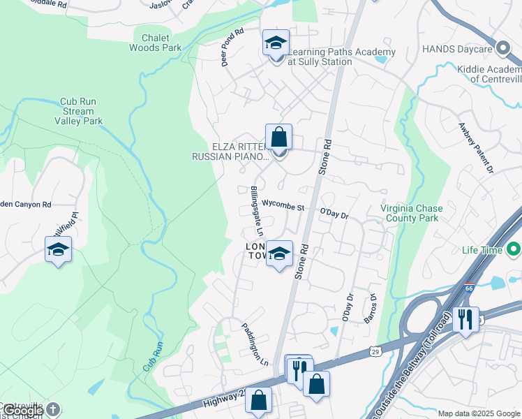 map of restaurants, bars, coffee shops, grocery stores, and more near 14755 Wycombe Street in Centreville