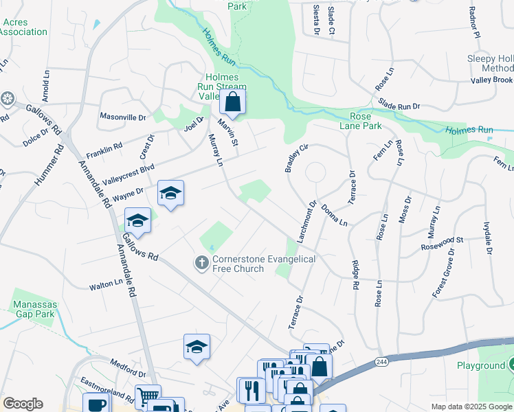 map of restaurants, bars, coffee shops, grocery stores, and more near 7122 Murray Lane in Annandale