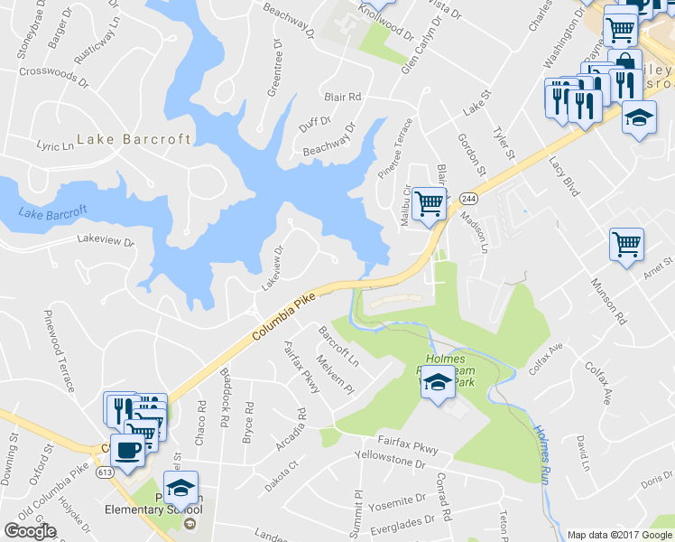 map of restaurants, bars, coffee shops, grocery stores, and more near 6203 Lakeview Drive in Falls Church