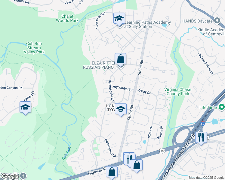 map of restaurants, bars, coffee shops, grocery stores, and more near 14755 Wycombe Street in Centreville