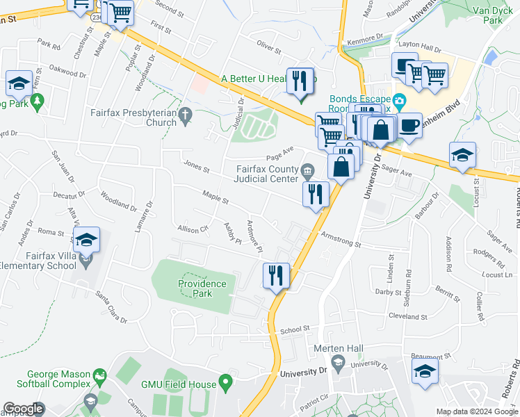 map of restaurants, bars, coffee shops, grocery stores, and more near 4132 Leonard Drive in Fairfax