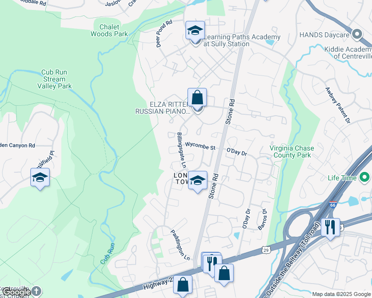 map of restaurants, bars, coffee shops, grocery stores, and more near 14751 Wycombe Street in Centreville