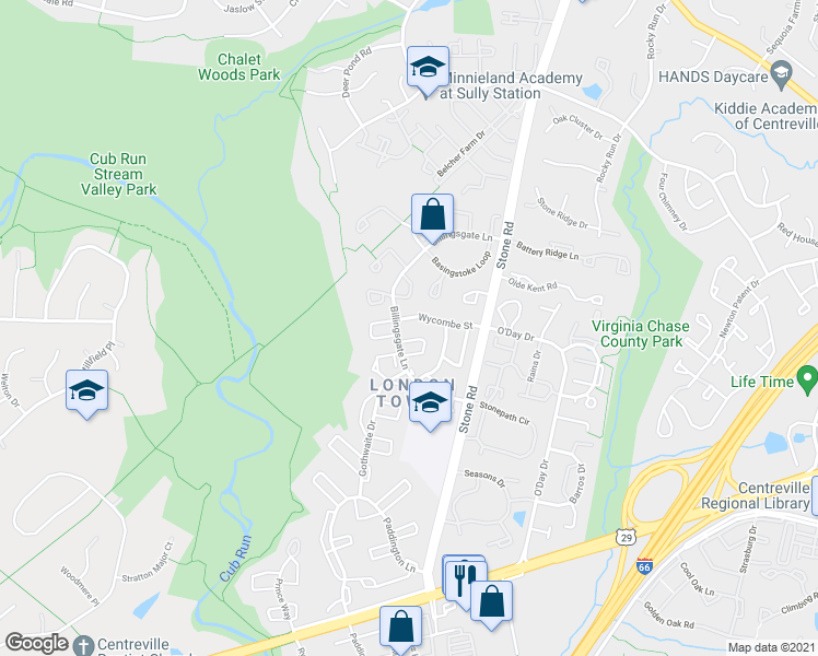 map of restaurants, bars, coffee shops, grocery stores, and more near 14749 Wycombe Street in Centreville