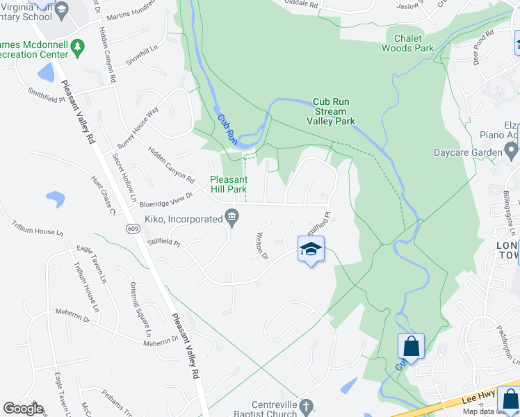 map of restaurants, bars, coffee shops, grocery stores, and more near 6320 Hidden Canyon Road in Centreville