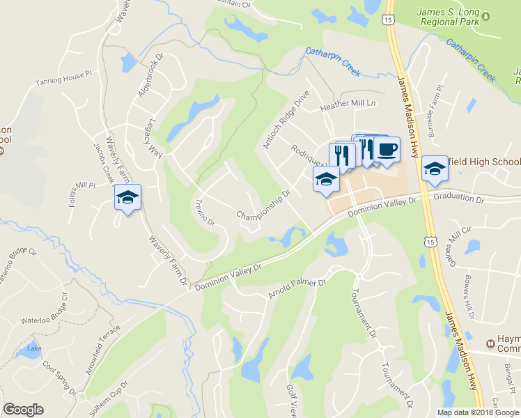 map of restaurants, bars, coffee shops, grocery stores, and more near 5333 Whitworth Court in Haymarket