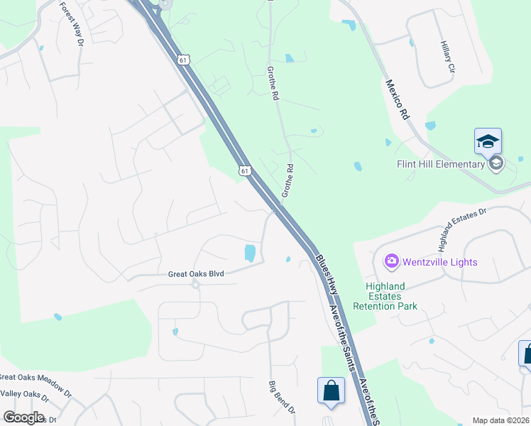 map of restaurants, bars, coffee shops, grocery stores, and more near 1713 Timber Trace Drive in Wentzville