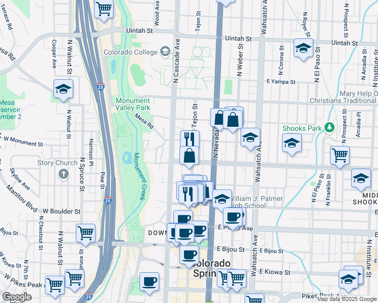map of restaurants, bars, coffee shops, grocery stores, and more near 604 North Tejon Street in Colorado Springs