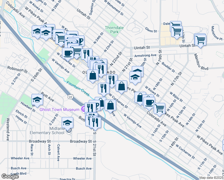 map of restaurants, bars, coffee shops, grocery stores, and more near 2006 West Cucharras Street in Colorado Springs