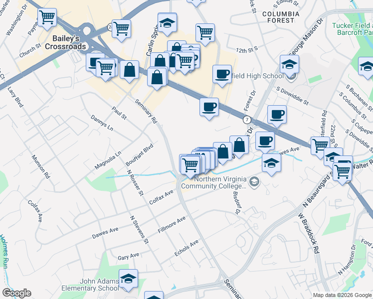 map of restaurants, bars, coffee shops, grocery stores, and more near 5505 Seminary Road in Falls Church