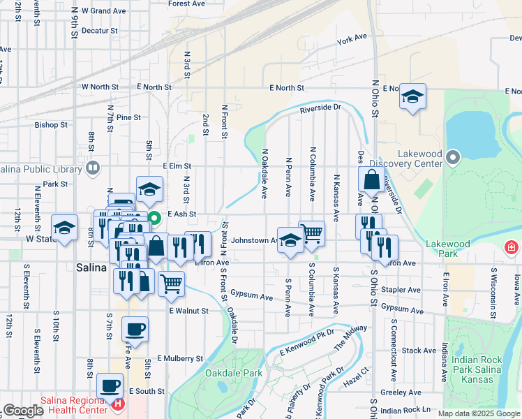 map of restaurants, bars, coffee shops, grocery stores, and more near 637 East Ash Street in Salina