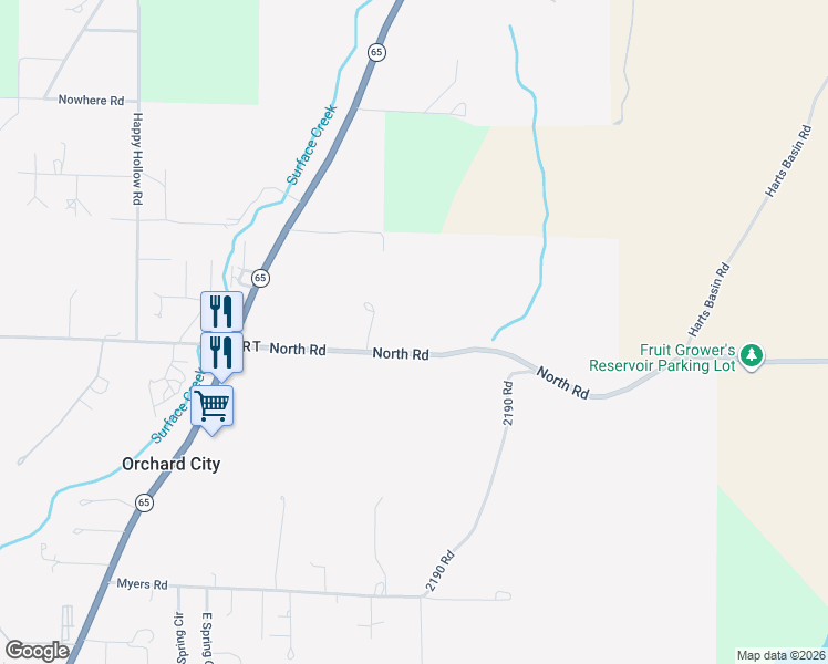 map of restaurants, bars, coffee shops, grocery stores, and more near 21753 North Road in Orchard City