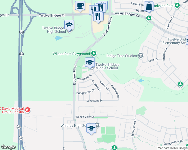 map of restaurants, bars, coffee shops, grocery stores, and more near 2708 Camero Drive in Lincoln