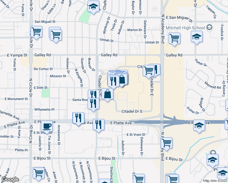 map of restaurants, bars, coffee shops, grocery stores, and more near 750 Citadel Drive East in Colorado Springs