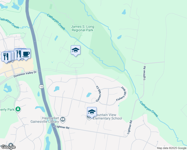 map of restaurants, bars, coffee shops, grocery stores, and more near 5342 Chaffins Farm Court in Haymarket