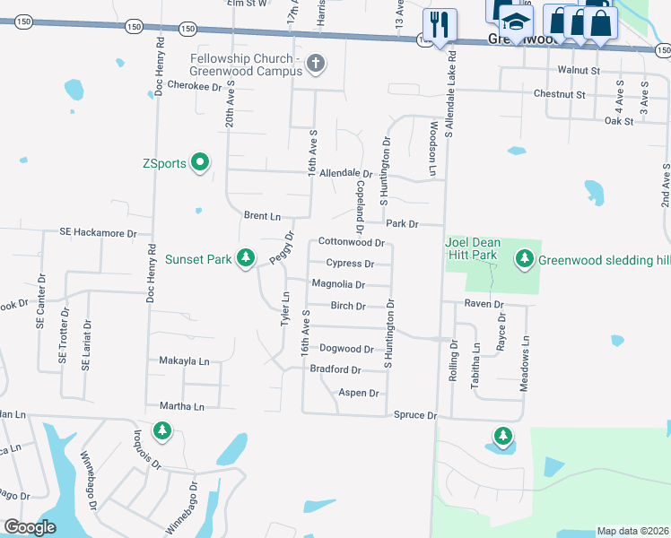 map of restaurants, bars, coffee shops, grocery stores, and more near 1405 Magnolia Drive in Greenwood
