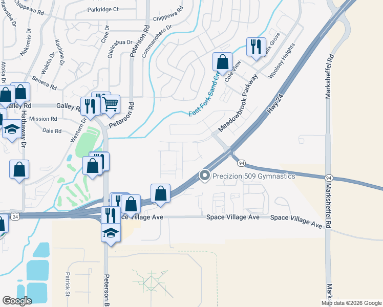map of restaurants, bars, coffee shops, grocery stores, and more near 7000-7198 Highway 24 in Colorado Springs