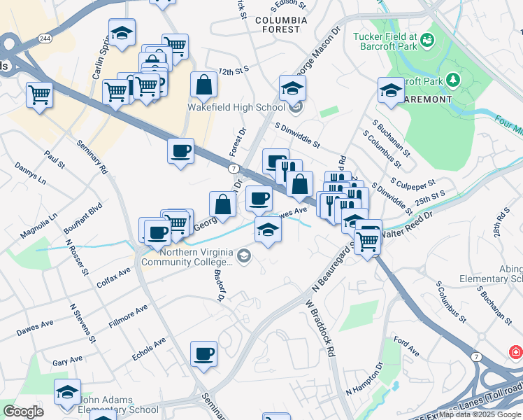 map of restaurants, bars, coffee shops, grocery stores, and more near 3705 South George Mason Drive in Falls Church