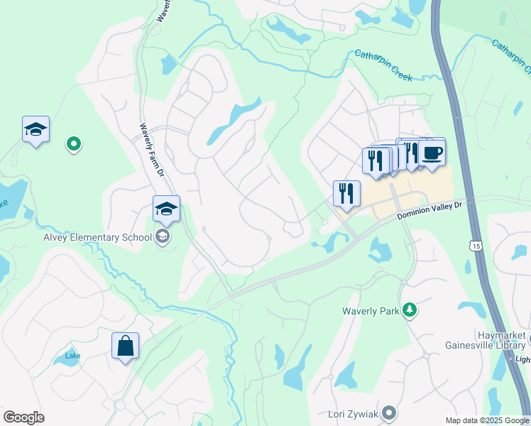 map of restaurants, bars, coffee shops, grocery stores, and more near 15409 Championship Drive in Haymarket