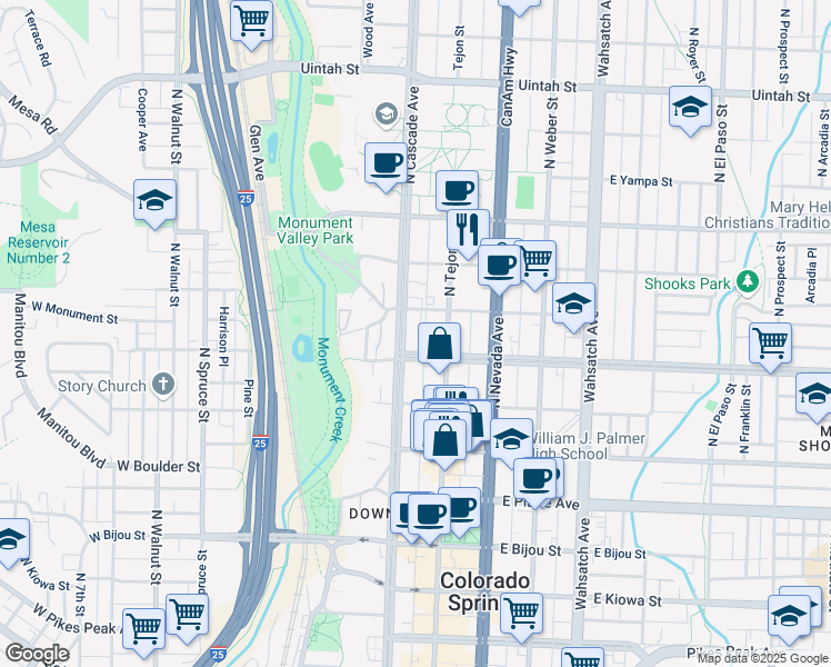 map of restaurants, bars, coffee shops, grocery stores, and more near 601 North Cascade Avenue in Colorado Springs
