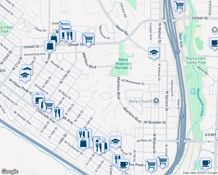 map of restaurants, bars, coffee shops, grocery stores, and more near 575 Observatory Drive in Colorado Springs