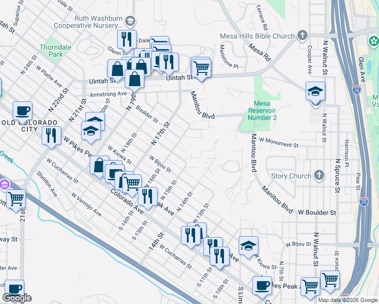 map of restaurants, bars, coffee shops, grocery stores, and more near 1503 West Platte Avenue in Colorado Springs