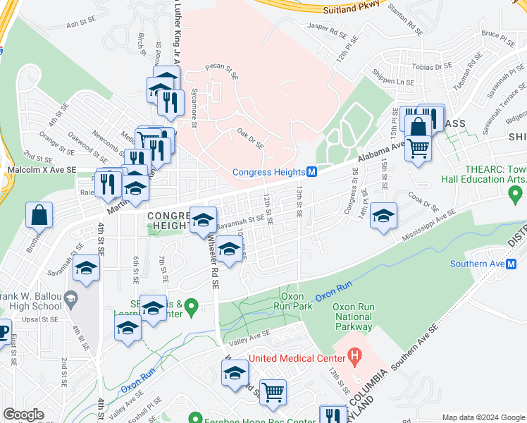 map of restaurants, bars, coffee shops, grocery stores, and more near 1112 Savannah Street Southeast in Washington